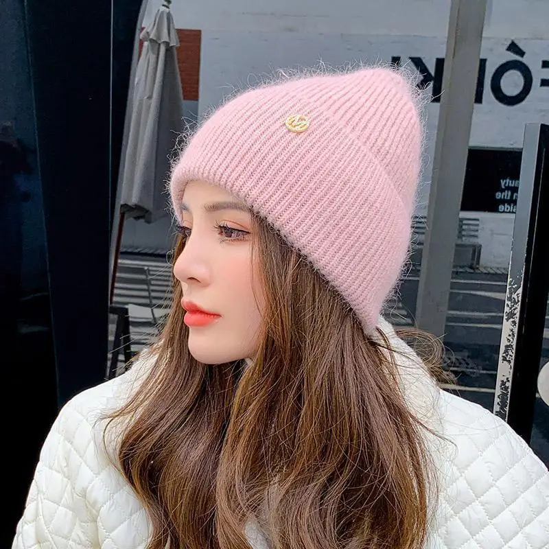 Winter Hat for Women\'s Pure Color Simple Cuffed Angora Rabbit Fur Knitted Hat Thickened Warm Plush M Letter Ladies Pullover Hats