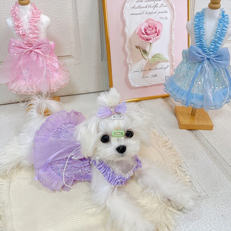 

Pink Blue Purple Princess Dress For Small Medium Dogs Puppy Clothing Fashion Sequin Bow Sling Skirts With Hairpin Pet Clothes