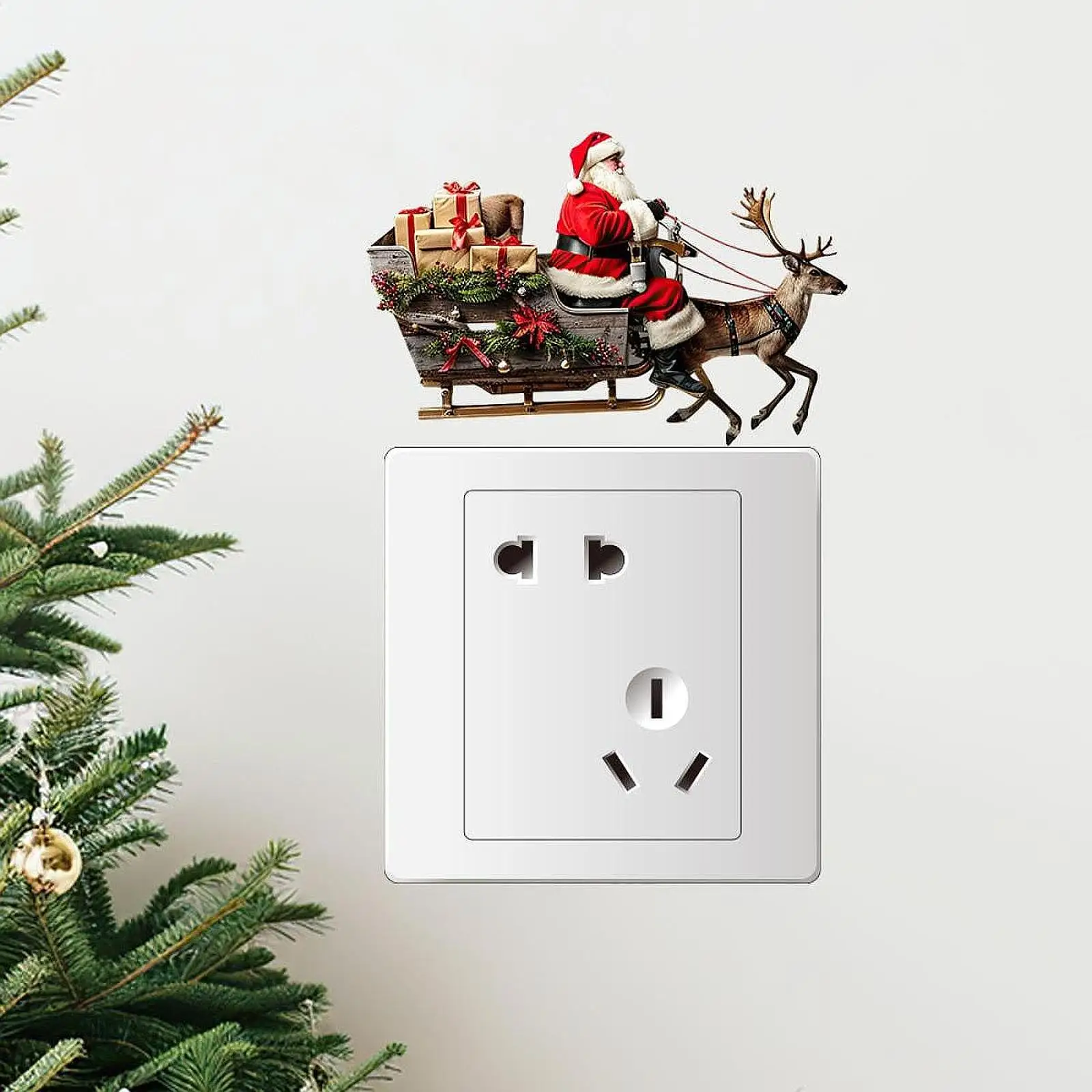 

Наклейка на стену с изображением Санта-Клауса и лося, наклейка на переключатель, креативная, ПВХ, праздничный рождественский декор, сделай сам, настенный художественный декор, съемный для гостиной, офиса