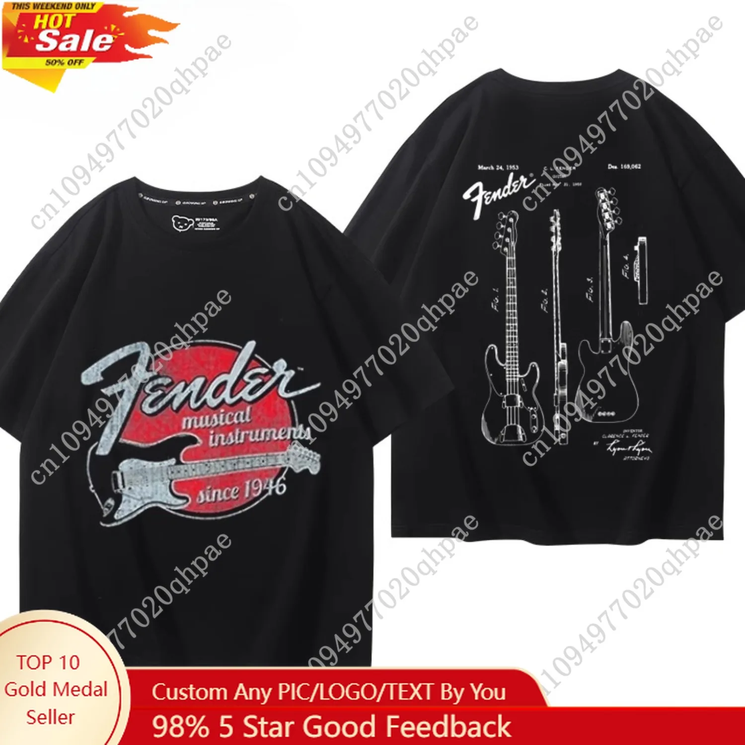 

Summer 100% pure cotton top, Fenda guitar and bass instrument short-sleeved men's and women's summer jazz rock print T-shirt