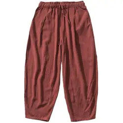 Pantalones bombachos holgados de lino y algodón para hombre, ropa de pierna ancha con cordón, talla grande 6XL, 7XL, Verano