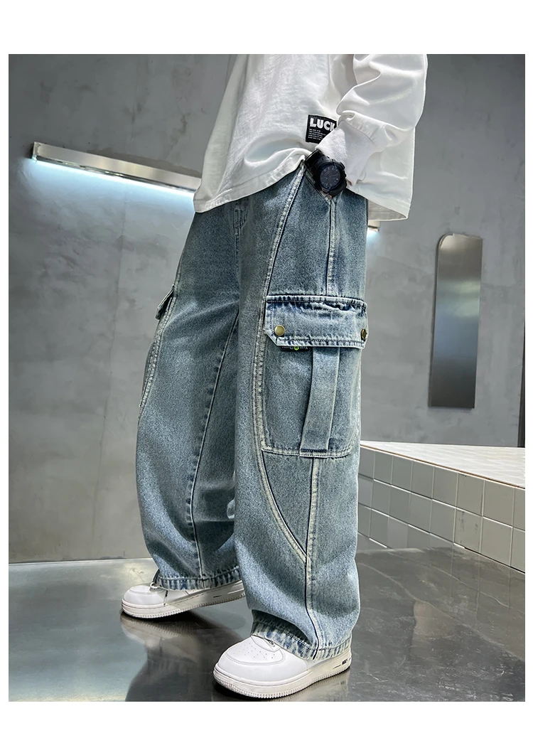 Neue lässige Kinder-Cargo-Jeans mit geradem Bein und Taschen für Teenager-Jungen, modische Street-Denim-Hosen, elegante Hosen für Kinder. – Detail 4