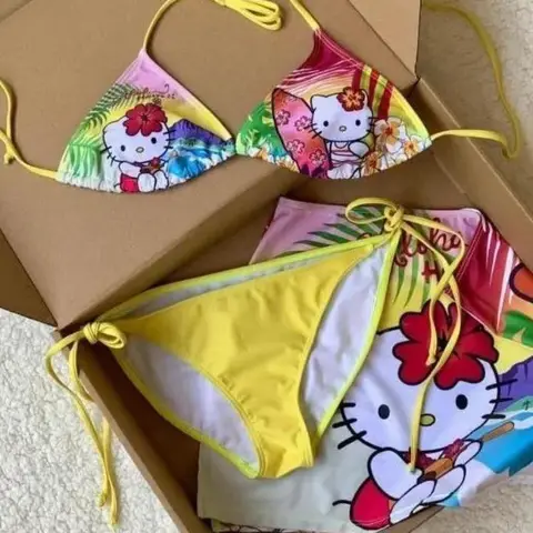 Hello Kitty Hawaii-baddräkt med split för kvinnor i sommar, kawaii-snygg tjej med små bröst, push up-bikini, stranddräkt med surfmönster 12 best sales Hello Kitty badkläder - №5