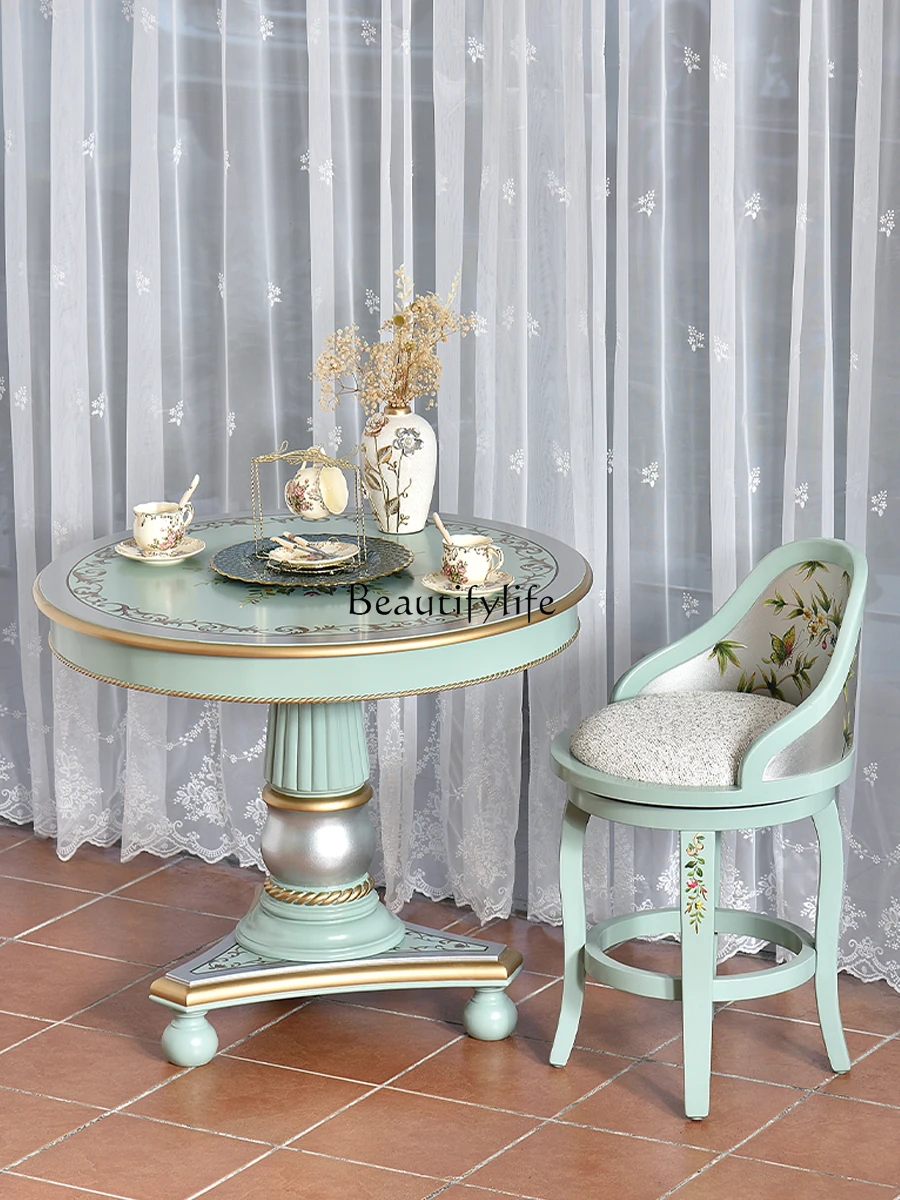 American Country Solid Wood Round Table Painted Furniture Pastoral Mint Green Dining Table European Style