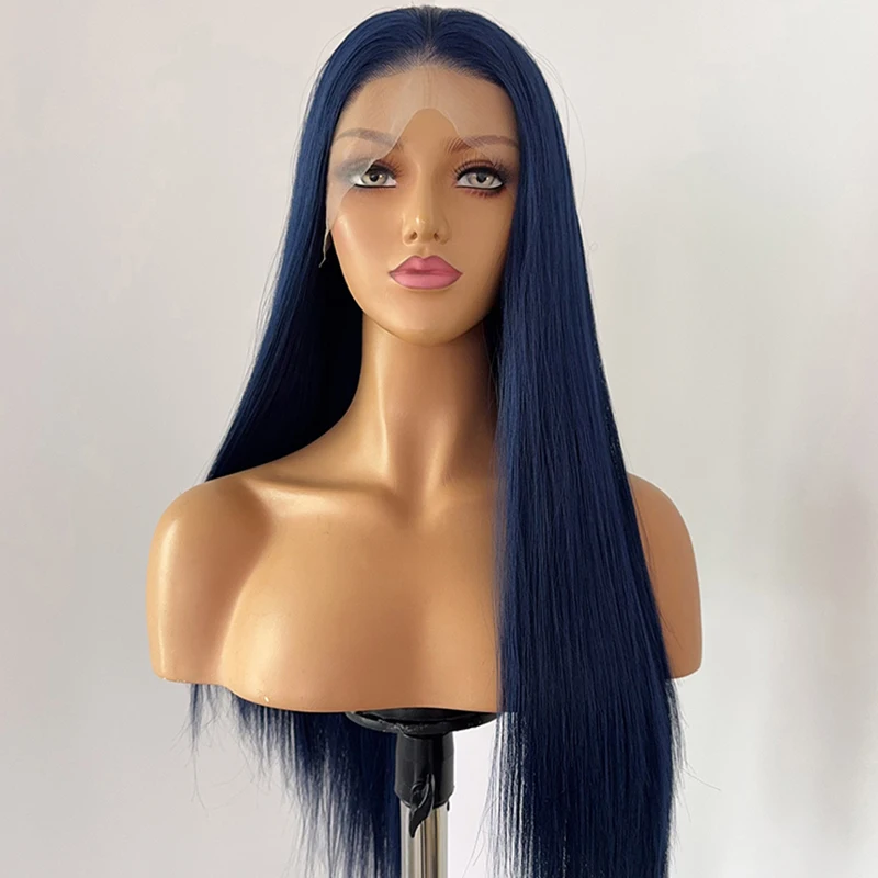 ネイビーブルーのレースフロントウィッグ、ファッショナブルな女性向け、26インチロングストレート、ナチュラルHD、13×4フロントレース、高品質合成繊維、デイリーユース
