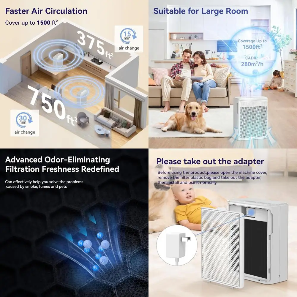 

Очиститель воздуха для домашних животных, подходит для помещений до 140 м², с HEPA-фильтром H13, моющимся предварительным фильтром, бесшумная работа для дома