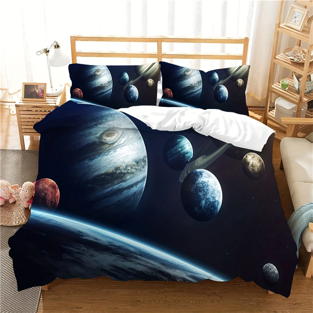 2/3pcs Polyester Duvet Cover Set (1*Duvet Cover + 1/2*Pillowcase, Without Core), 3D Space Planet Print Bedding Set In Bed Home