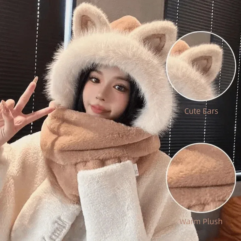 Set Sarung Tangan Syal Topi Tebal Baru, Topi Beanie Wanita Berbulu Lembut untuk Menghangatkan, Topi Pelindung Telinga Anti Angin dengan Telinga Rubah untuk Bersepeda