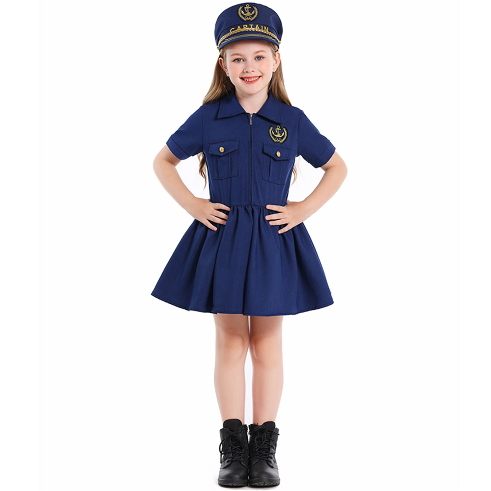 

AwwwCos Shipmaster Sailor Captain Costume for Girls Child Cosplay Fancy Dress Navy Blue Captain's Dress With Hat Set Halloween