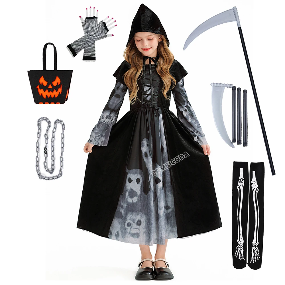 

Halloween Girls Ghost Vampire Death Dress Kids Costume Children Cosplay Party Dress Mesh Witch Fancy Dress Magic Witch Costume