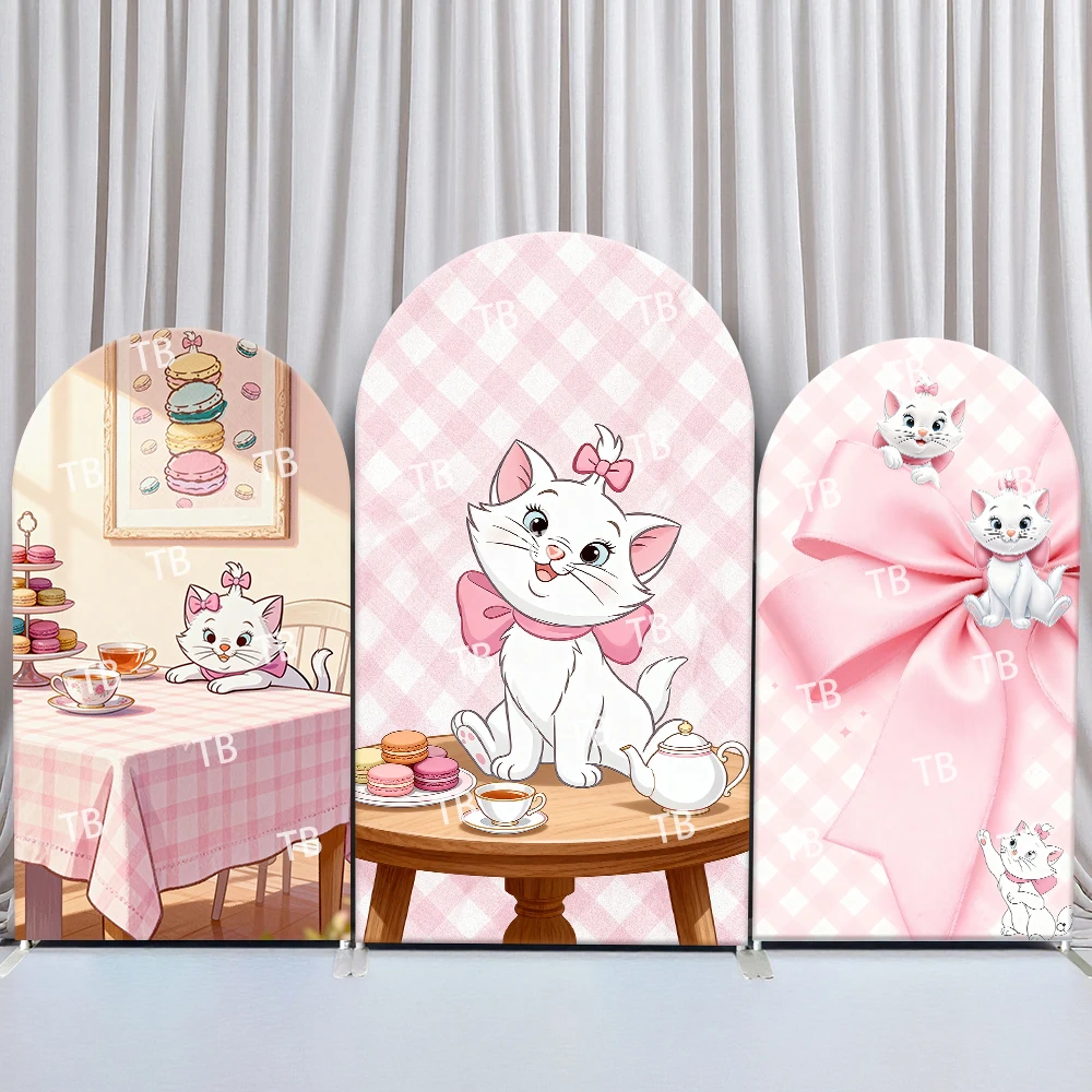 

Disney Marie the Cat Arch Backdrop Cover Afternoon Tea Macaron Pink Bow for Birthday and Baby Shower Party Photo Booth Props