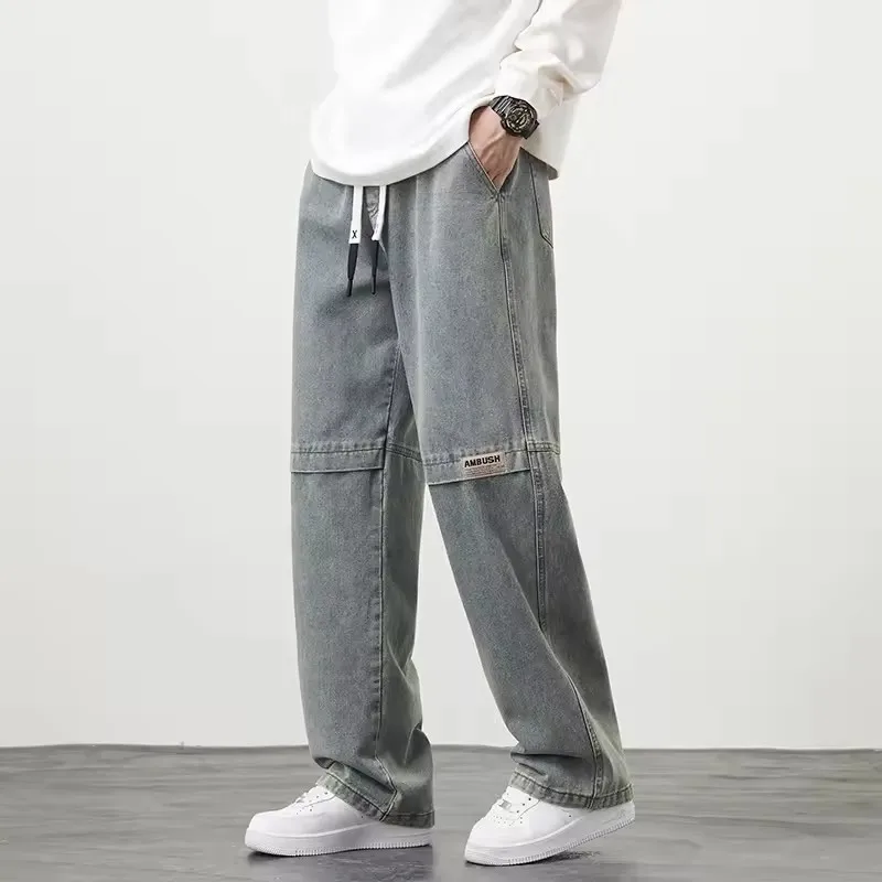 

New autumn wide leg washed jeans for men Casual loose straight outdoor fashion pants Large size 7XL 8XL