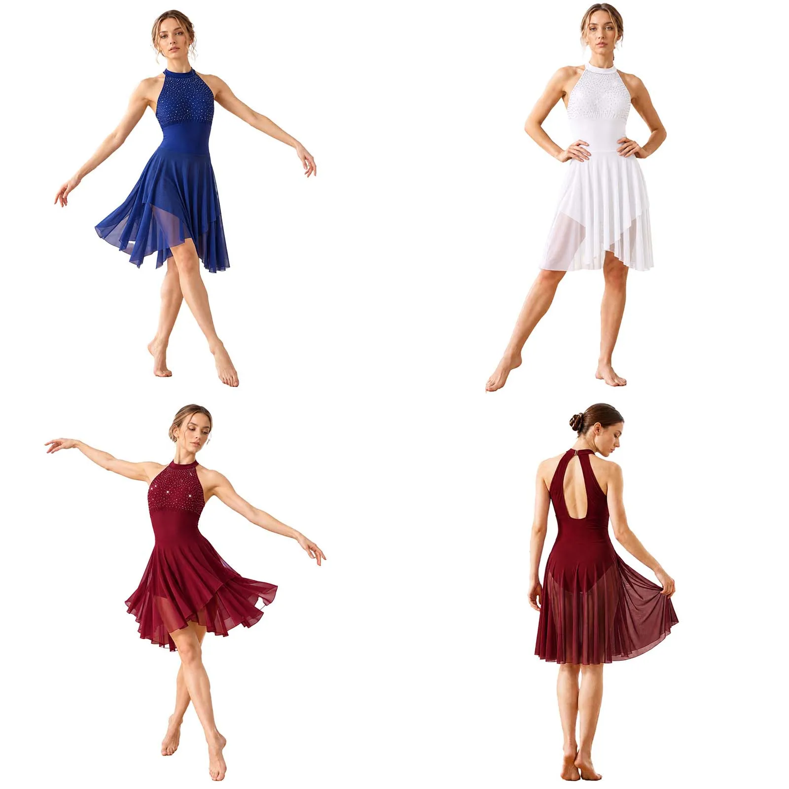 Women Modern Lyrical Dance Dress Halter Sleeveless Rhinestone Mesh Figure Skating Acrobatics Gymnastics Ballet Leotard Dresses