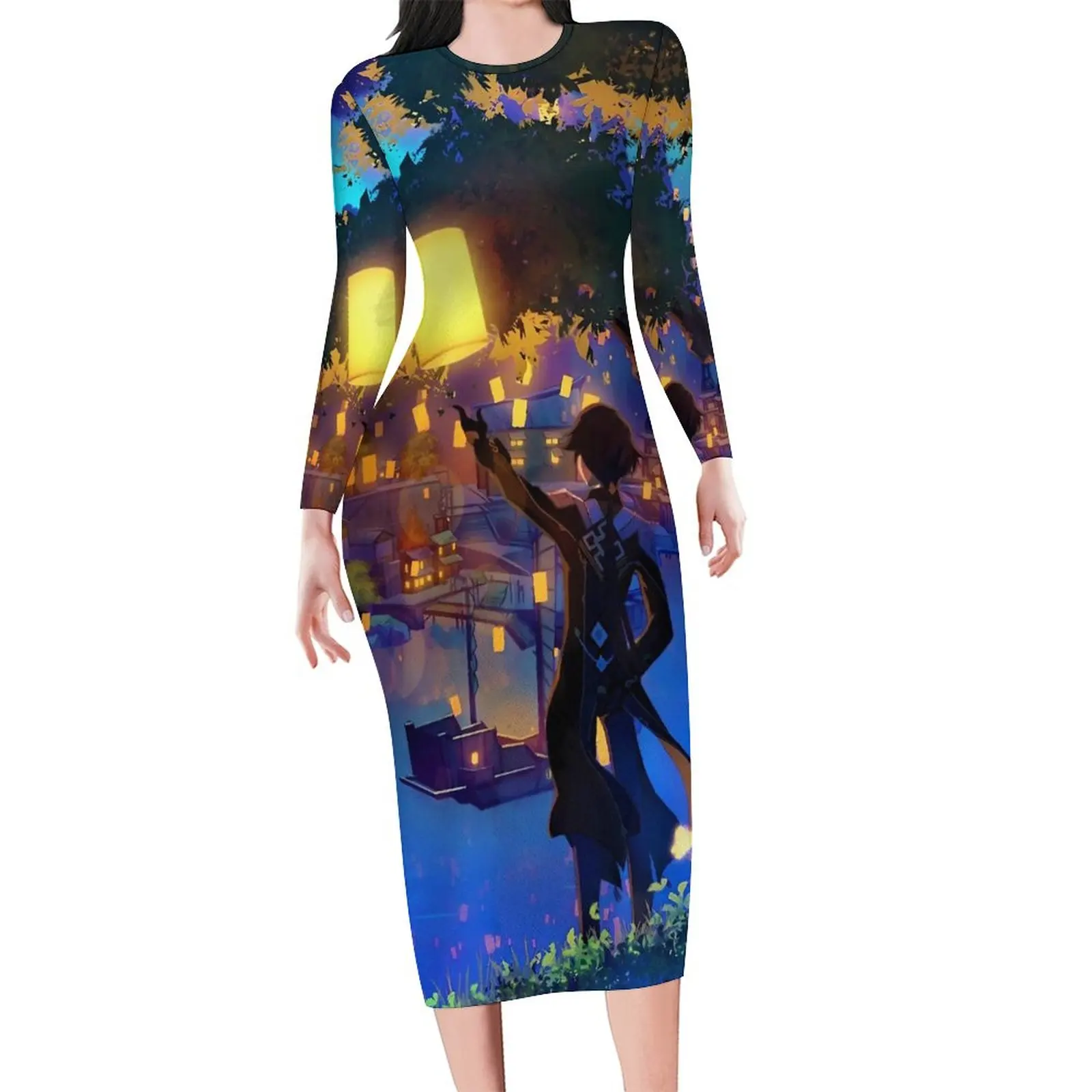 Genshin Impact Bodycon Dress Female Anime Print Elegant Dresses Holiday Long Sleeve Fashion Graphic Dress Big Size 4XL 5XL