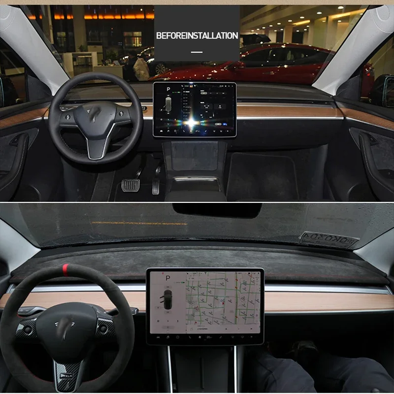 غطاء لوحة القيادة في الكانتارا لـ Tesla Model 3 Model Y 2016- 2022 غطاء لوحة القيادة باللون الأحمر مجموعة تعديل ملحقات السيارة