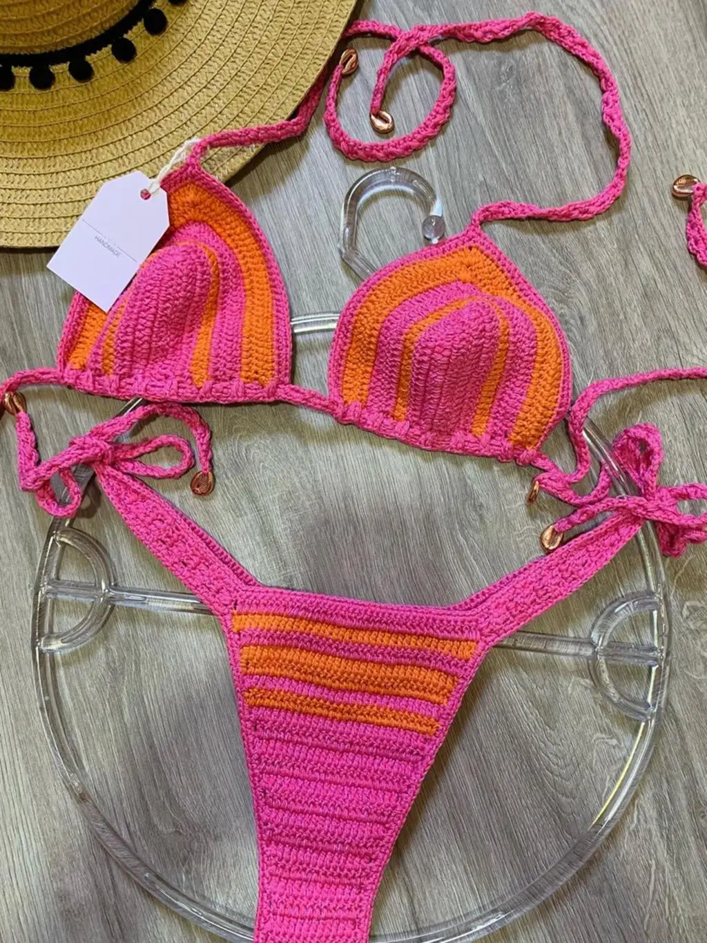 Bikini all'uncinetto in tessuto da donna set costume da bagno Sexy 2022 Top regolabile con lacci costumi da bagno donna rosa con giallo Boho Beachwear Swim