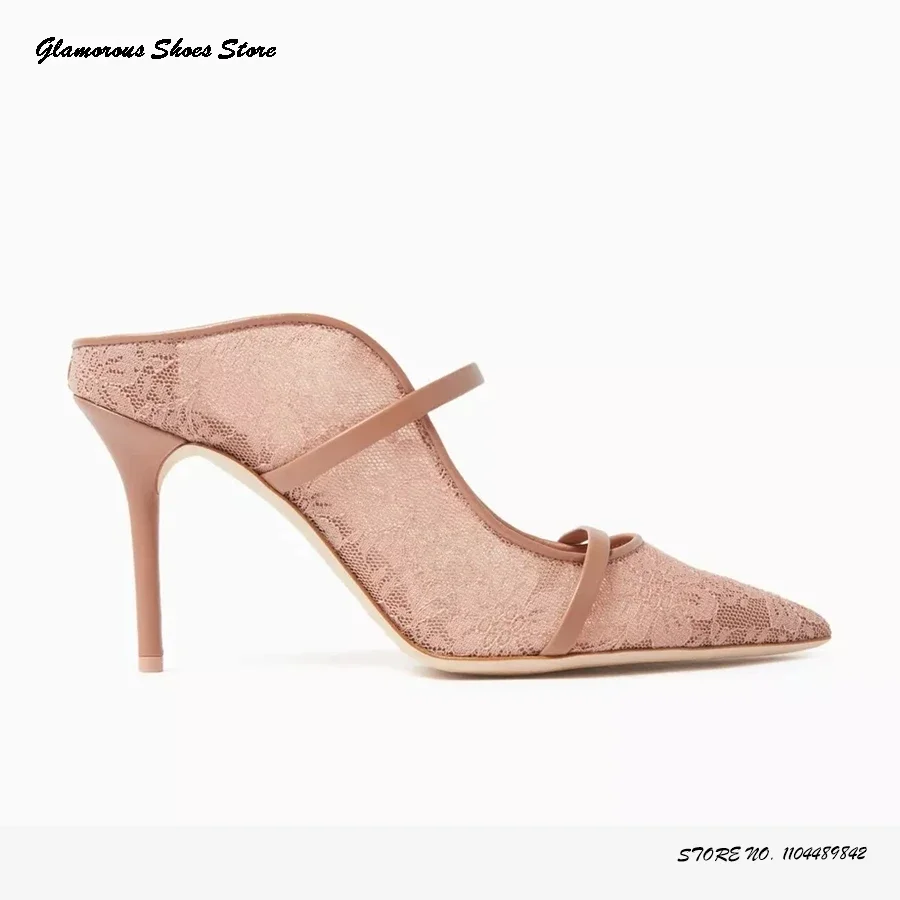 

Leather-trimmed Heeled Lace Mules Elegant Pointed Toe High Stiletto Heels Bridal's Wedding Shoes Summer Pull On Women's Pumps