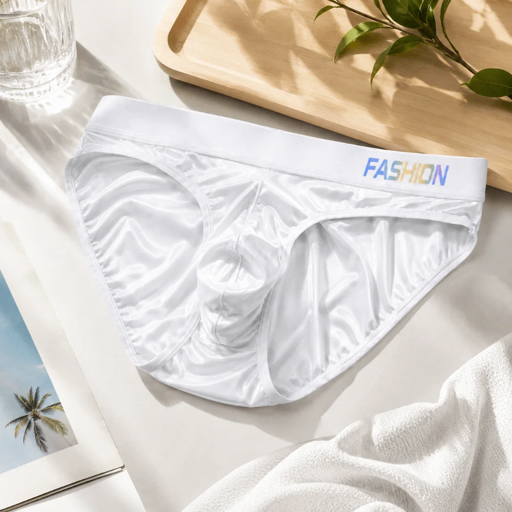 Underwear Men's Triangle Panties Low Waist Ultra Smooth Satin Silky Briefs Gradient Letter Lingerie Glossy Underpants Intimates