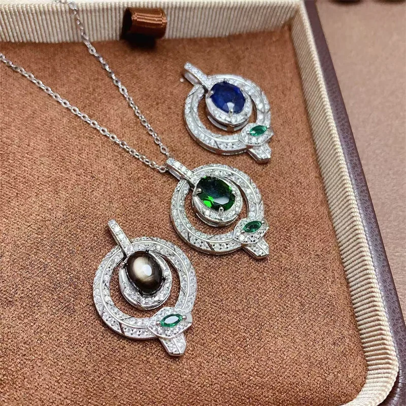 

Natural Gemston Engagement Wedding Star Sapphire Chrome Diopside Snake Shape Necklace 925 Silver Pendant with Certificate