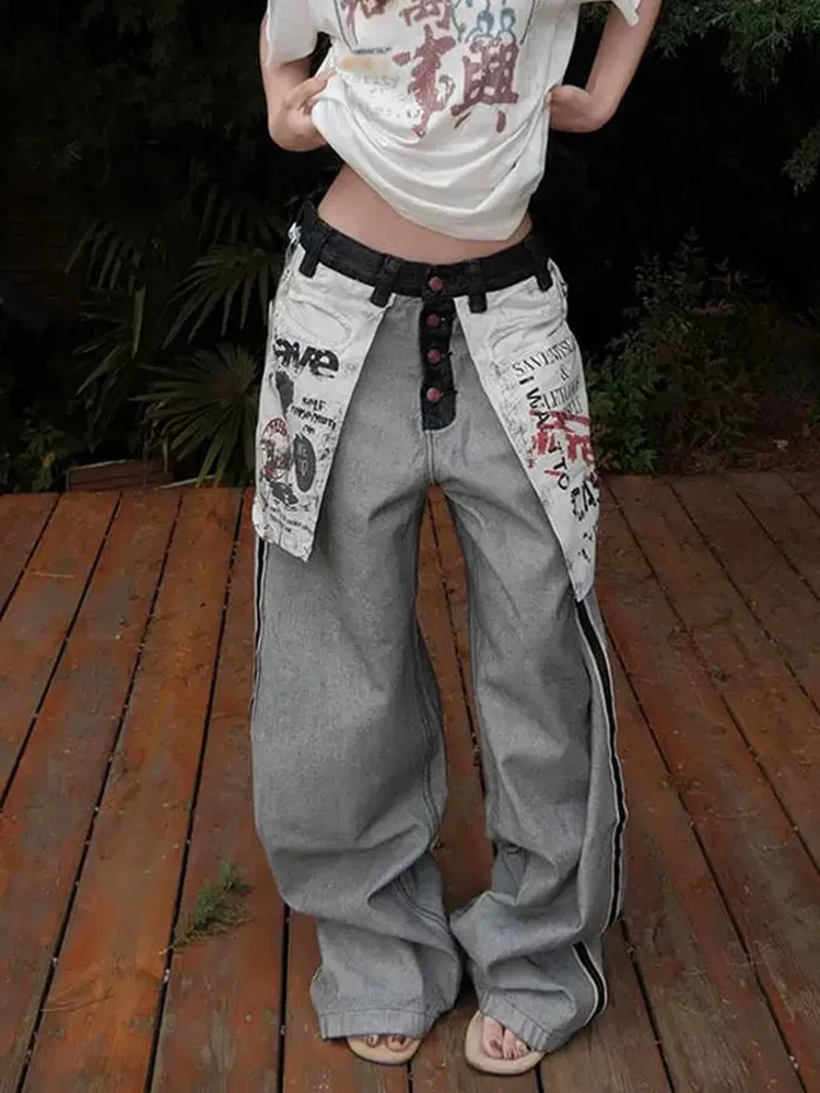 

Y2K Womens American Retro Jeans Spicy Girl Design Vintage Style Reverse Fit Big Pocket Themed Printed Autumn Floor Length Pants