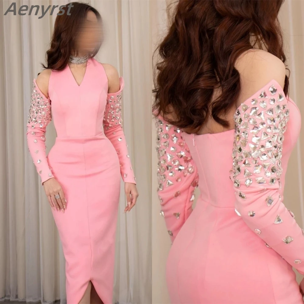 

Pink Prom Dresses Crystal Halter Sheath Party Dress Ankle Length Long Sleeve Off the Shoulder Formal Evening Gowns فساتين السهرة