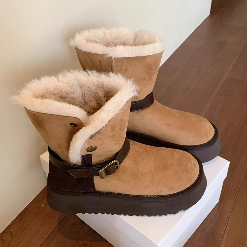 Nowe Śniegowce Damskie Platformy Pluszowe Buty Płaskie Sneakersy 2025 Zimowe Ciepłe Botki Chelsea Casualowe Buty Sportowe Wygodne Mujer Botas