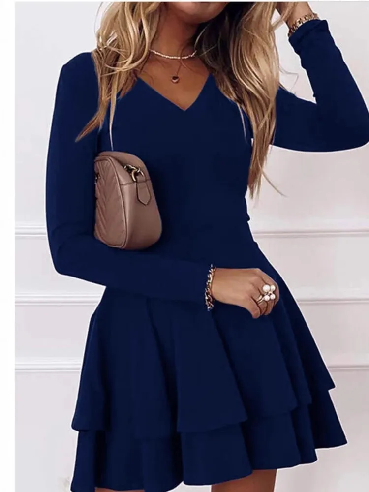 

Elegant Dress Vestidos Dresses 2025 Woman Gentle Temperament Casual Simple Style All-match Solid Color Long Sleeves V-link Slim
