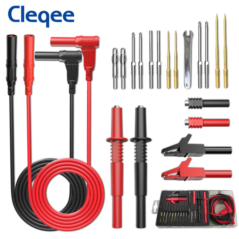 

Cleqee P1308E 21PCS 4mm Banana Plug Test Lead Kit with Spanner Multiple Replaceable Needles Multimeter Probes Alligator Clip