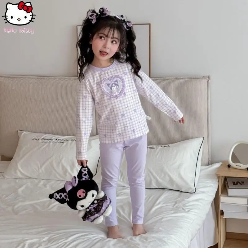 

Детский домашний костюм с длинными рукавами в стиле аниме Kuromi, осенний новый комплект Sanrio Melody, милый, мягкий, удобный, сохраняющий тепло, нижнее белье