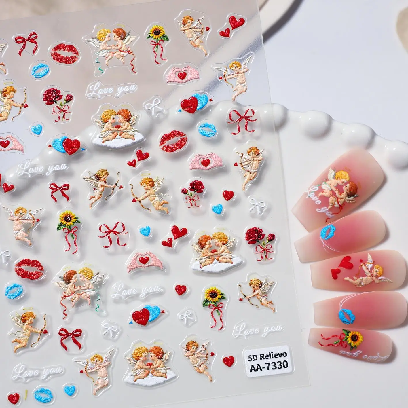 

Nail Art Stickers Romantic Valentine's Day Manicure Decals Lovely Love Heart Rose Angel 5D Embossed Reliefs Self Adhesive