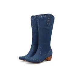 Moda Western Cowboy stivali alti al ginocchio donna rivetto blu Denim tacco largo punta tonda Cowgirls Slip-on Retro Winter Stud stivali lunghi