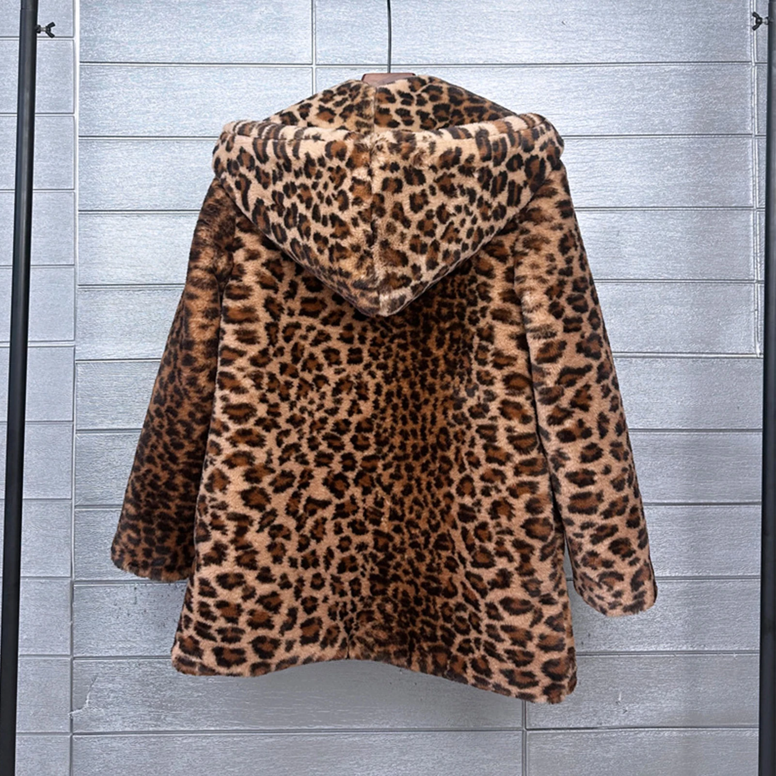 Lisa Colly Leopard Print Hooded Jacket Women Winter Fluffy Warm Faux Fur Coat Long Sleeve Outerwear