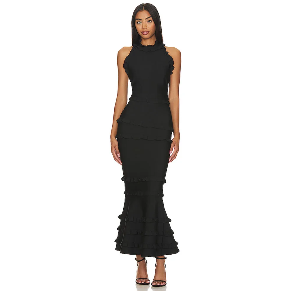 

Mermaid Black Evening Dress O Neck Sleeveless Formal Ankel Length Party Dress Ruffles Trumpet Backless Women's Evening Gown