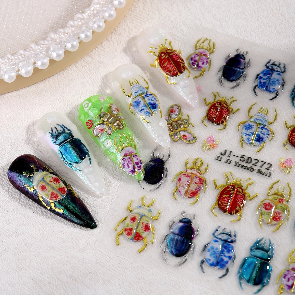 5D Embossed Beetle Nail Sticker, Vintage Floral Insect Nail Art Decal, Colorful Scarab Bug Butterfly Self-Adhesive Nail Decorate view 6