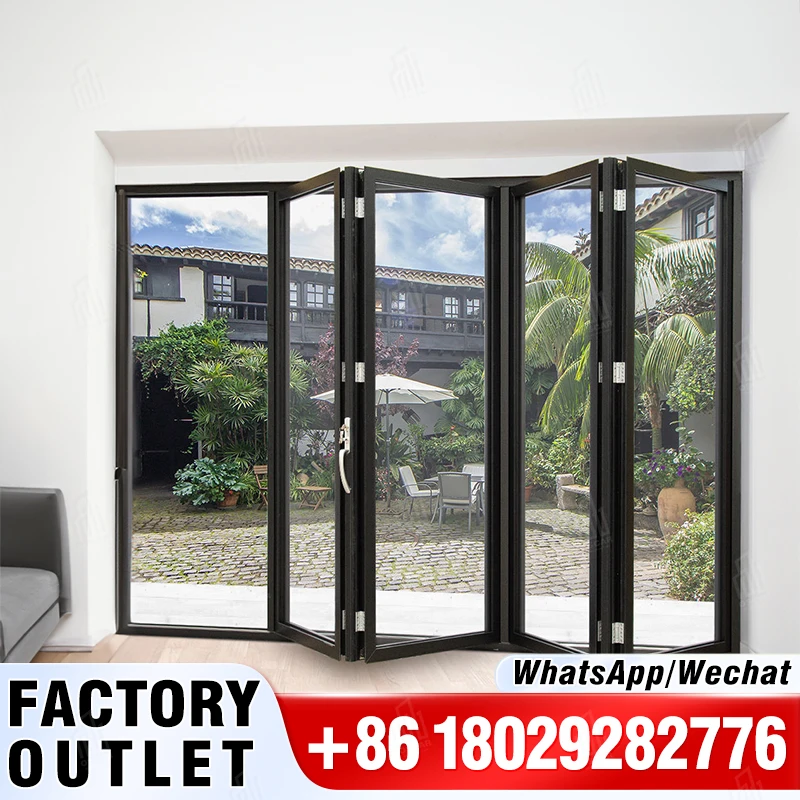 Black aluminum profile patio folding door Narrow Edge Glass Folding Door Hanging Rail Sliding Aluminum Alloy Oscaracso Doors