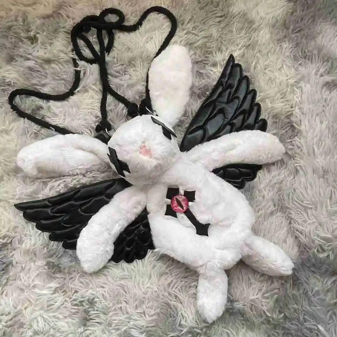 Dark Gothic Plush Bunny Backpack With Cross Angel Wings Y2K Sweet Cool Chain Crossbody Bag Stuffed Animal Doll Bag For Girls