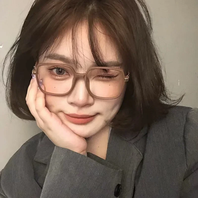 Mocha Brown Square Glasses Frame Girl Ins No Makeup Plain Glasses Men Light Eyewear Cute Decorative Computer Glasses