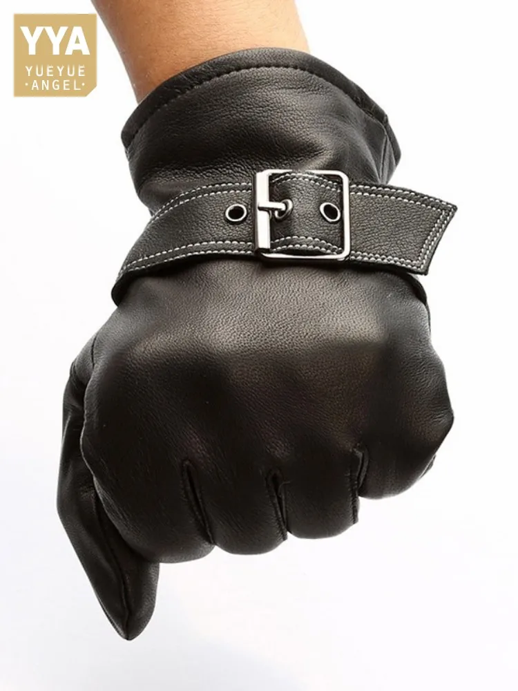 

Punk Style Fashion Buckle Men Cowhide Genuine Leather Moto Riding Gloves Autumn Winter Fleece Lining Warm Vintage Driving Gloves