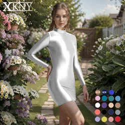 XClocKNYoung satin glossy hip dress elastic slip glossy tight skirt high neck long sleeve long skirt smooth casual sports skirt