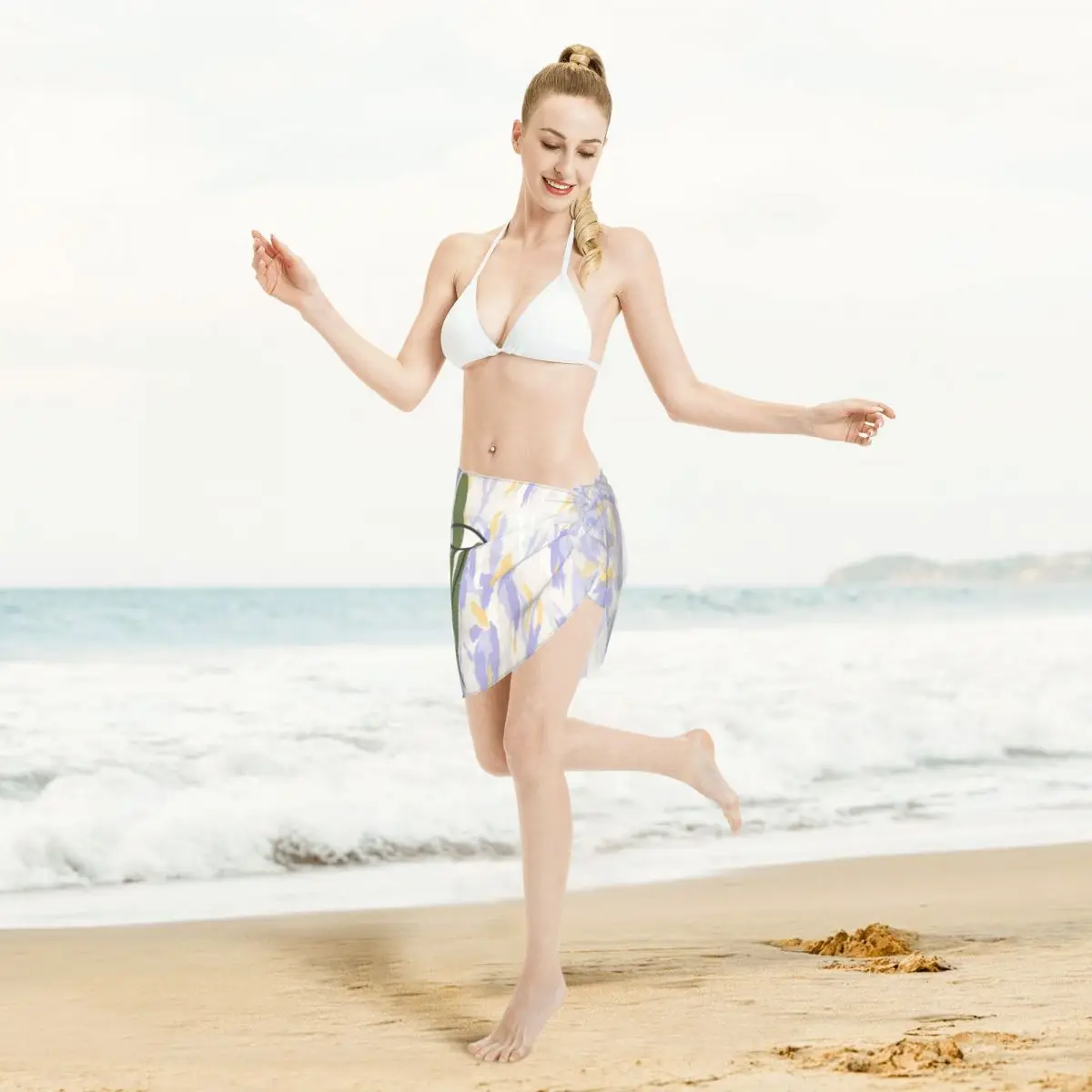 Benutzerdefinierte coole abstrakte Gesicht Druck lässig Strand Kleid dekorieren Frauen kurze Sarongs Strand Wrap für Bademode