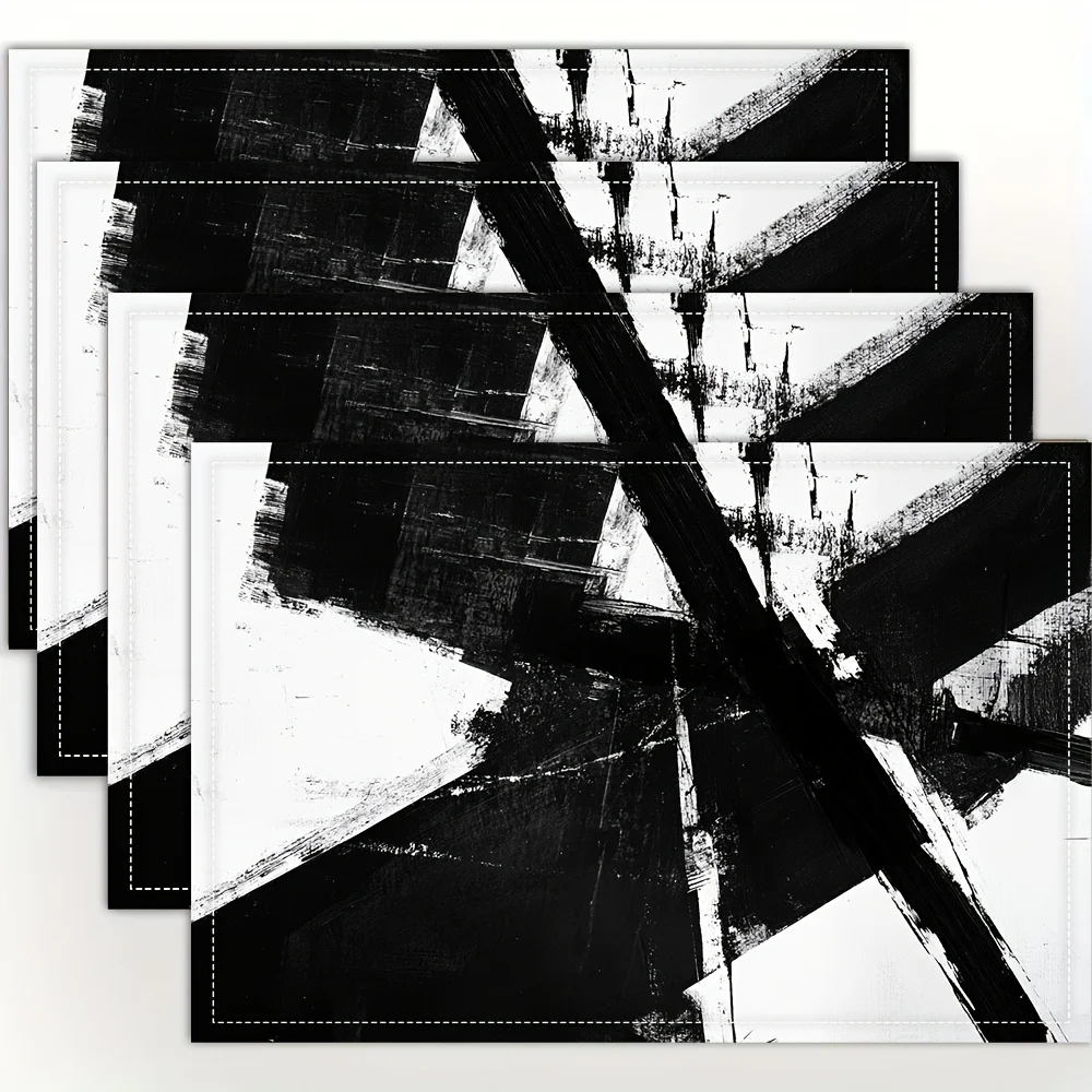 Abstract Black and White Brush Stroke Placemats Set Minimalist Dining Table  Washable Linen Texture Decor for Kitchen Home Decor