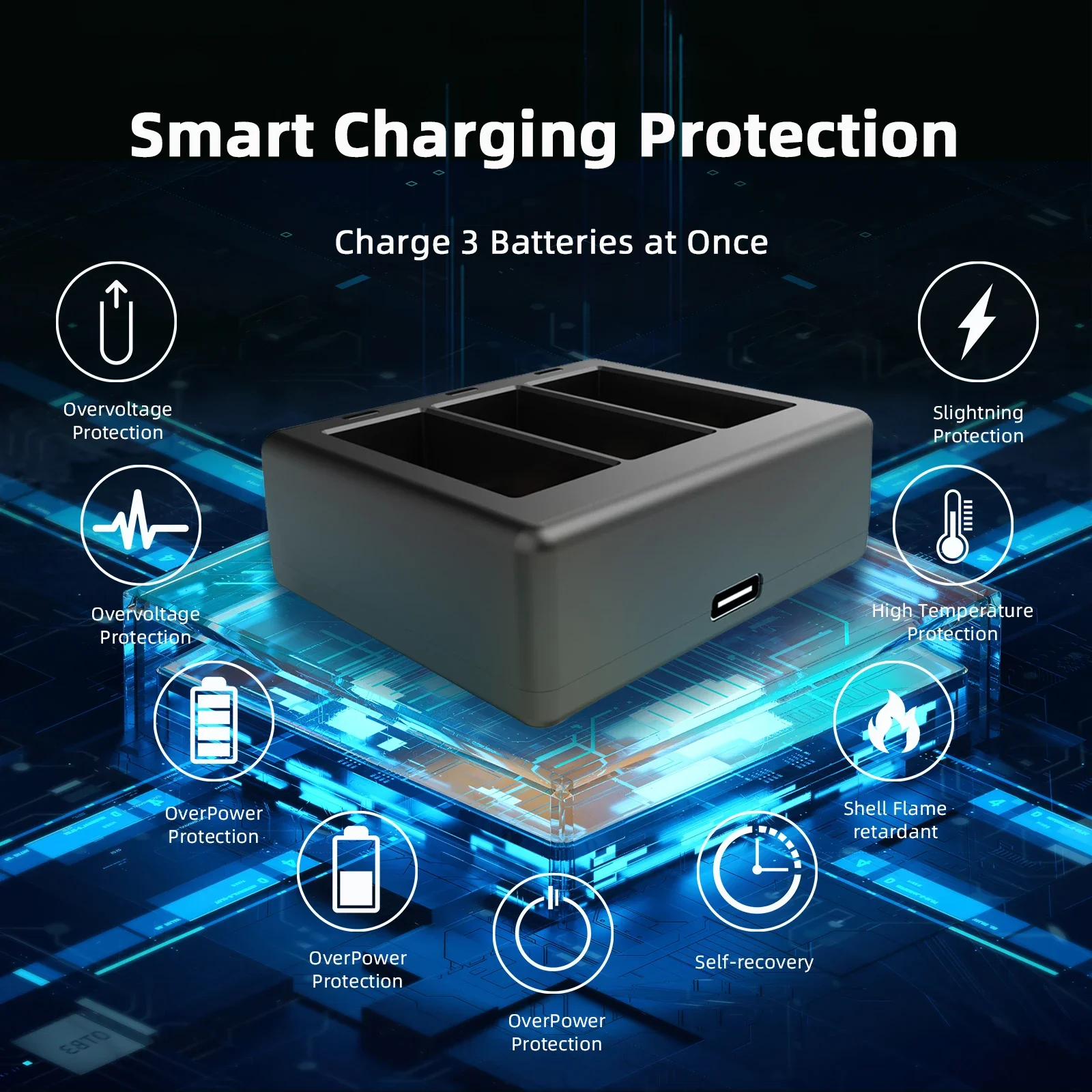 TELESIN Quick Battery Charger for Gopro Hero 13 Black Lightweight Safety Three Slot Battery Charger Action Camera Accessories