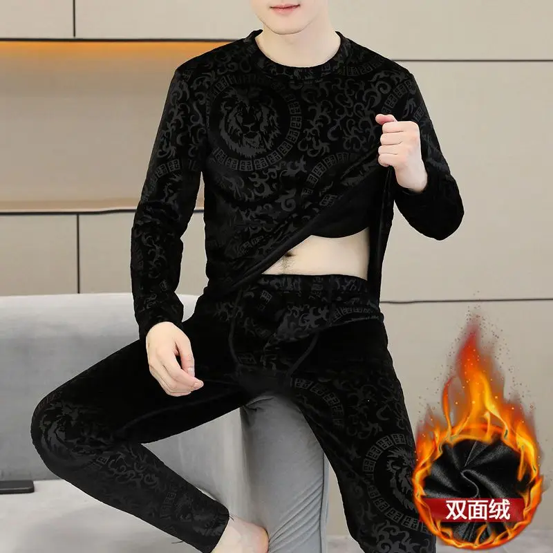 남성용 보온 내의 양면 플리스 세트 겨울 청소년용 플리스 두꺼운 롱존 방한 크루넥 이너웨어 세트