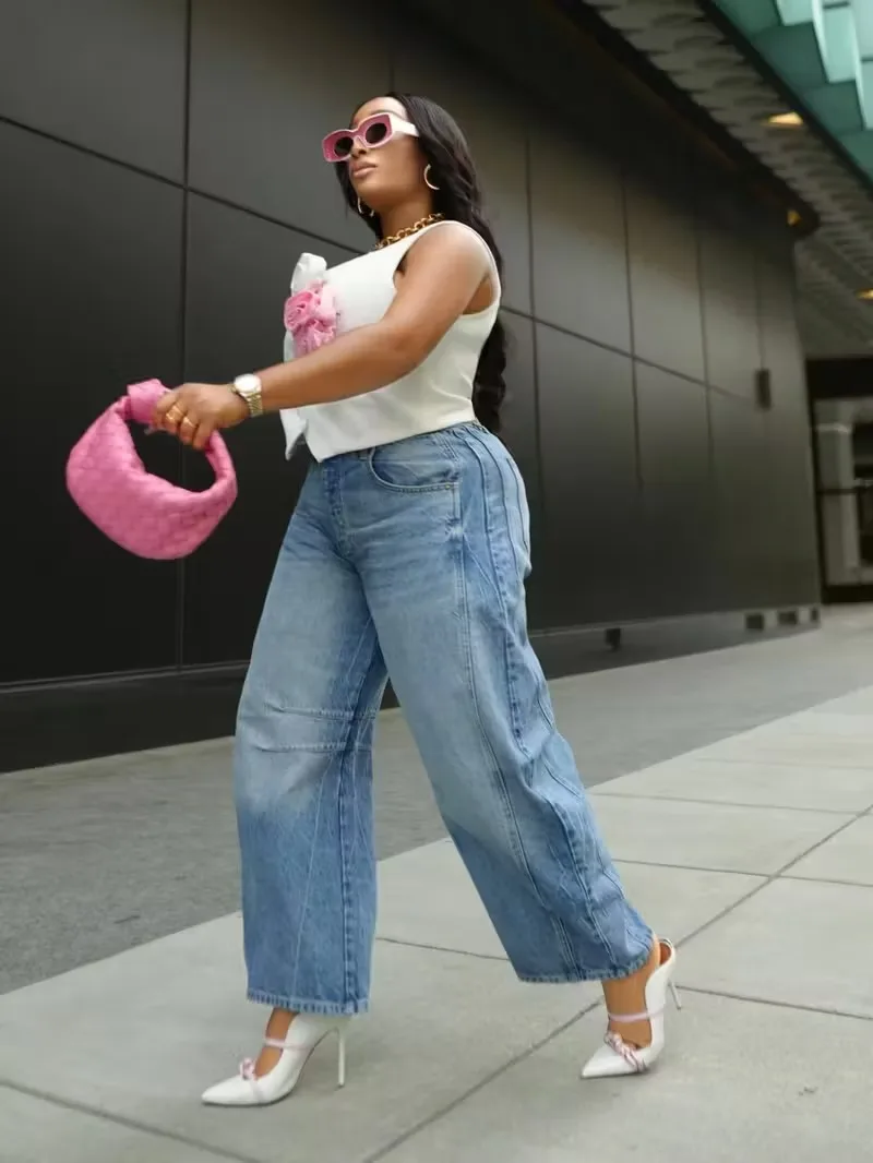 

Womens Stretchy Mid Rise Barrel Jeans Vintage Loose Wide Leg Denim Pants Y2k Baggy Boyfriend Jeans