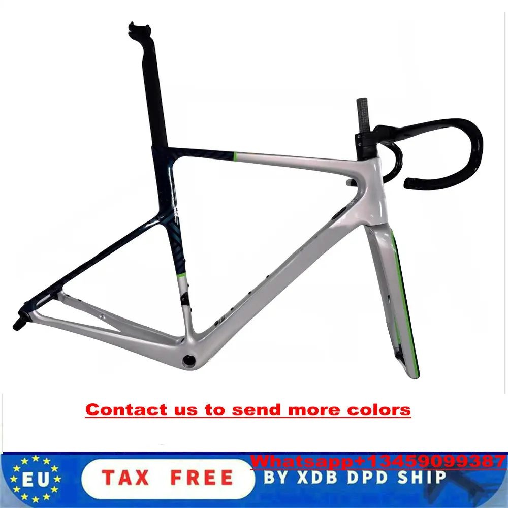 EVO-Cadre de vélo de route en fibre de carbone T1100, avec frein à disque et guidon, couleur argent vert brillant, en vogue