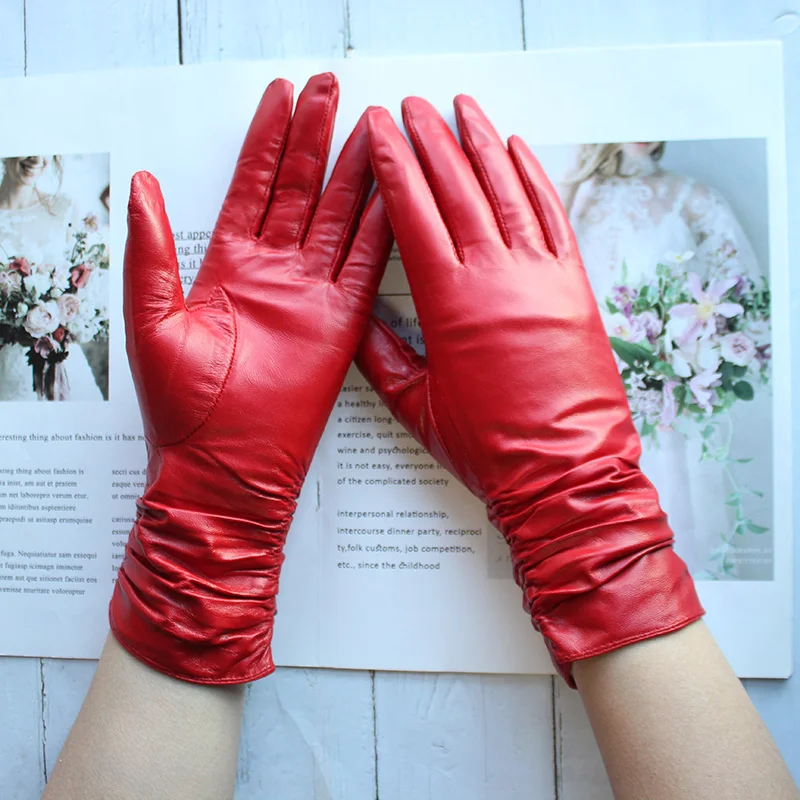 Winter Warm Sheepskin Gloves for Women with Velvet Lining and Colored Genuine Leather Motorcycle Driving Gloves