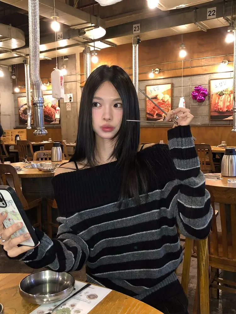 Kimutomo Women Korean Style One‑Shoulder Striped Knit Sweater Autumn Winter New Niche Design Slim‑Fit Versatile Elegant Top