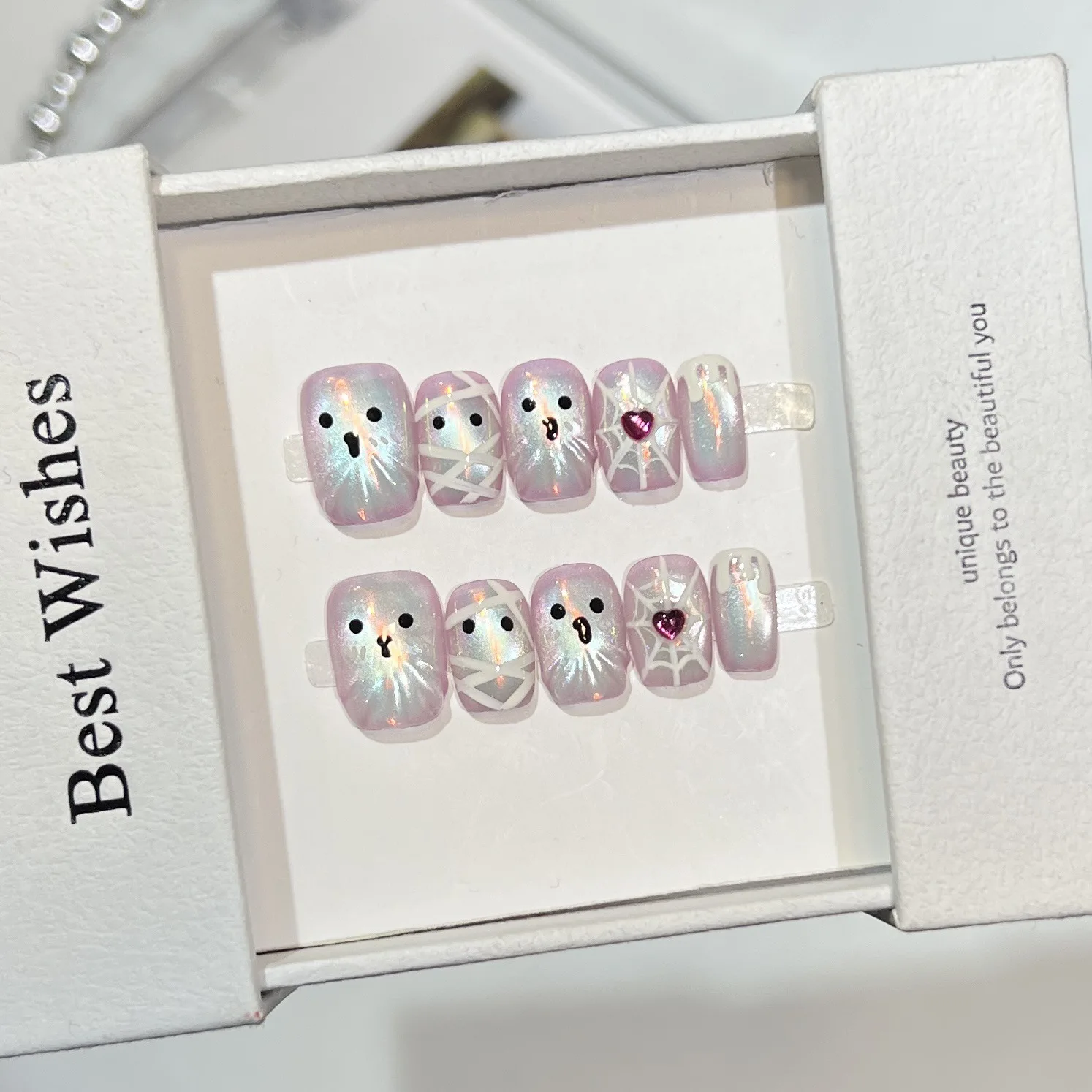 

10pcs Handmade Short Y2K Press on Nails Halloween Cartoon Ghost Shiny Cat Eyes Design Spice Girls False Nails Wearable Nails Art