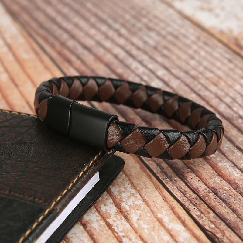 2024 NEW Hiphop Men Leather Bracelet Jewelry Black Magnet Clasp Genuine Leather Bracelets For Boyfriend Gift Pulsera Hombre