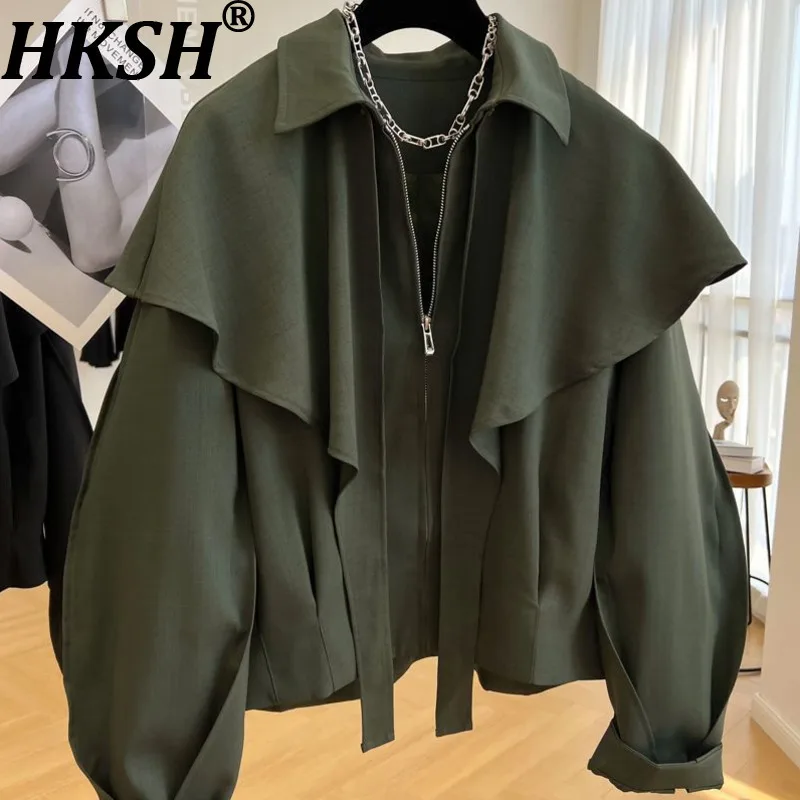 

HKSH Spring Autumn New Women Jacket Turn-down Collar Shawl Cape Solid Color Versatile Elegant Fashion High-end Tide Coat HK17082